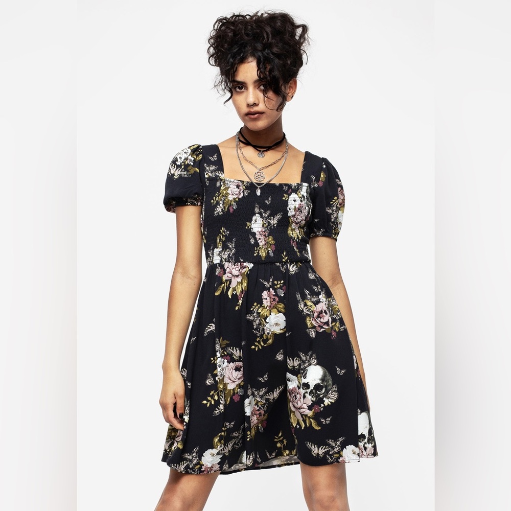 Disturbia Revival Floral Puff Sleeve Shirred Mini Dress US 10 / UK 14